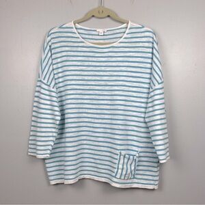 J.Jill blue & white stripe boxy linen cotton blend drop sleeve knit top, XL.